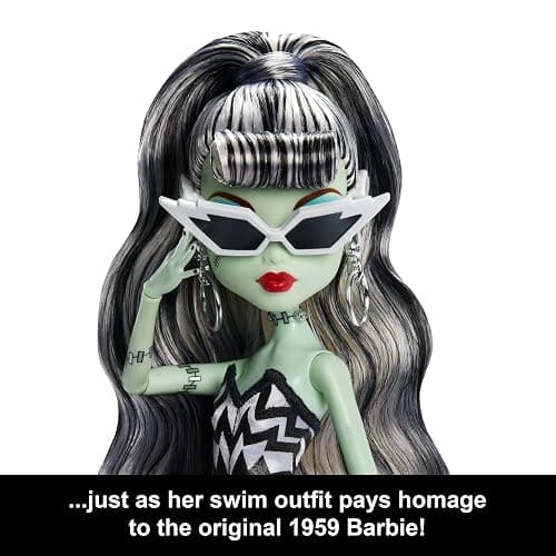 Monster High x Barbie Frankie Stein Doll with Original Barbie-Inspired Swimsuit and Solo in the Spotlight Black Evening Dress, Accessories thumbnail 4