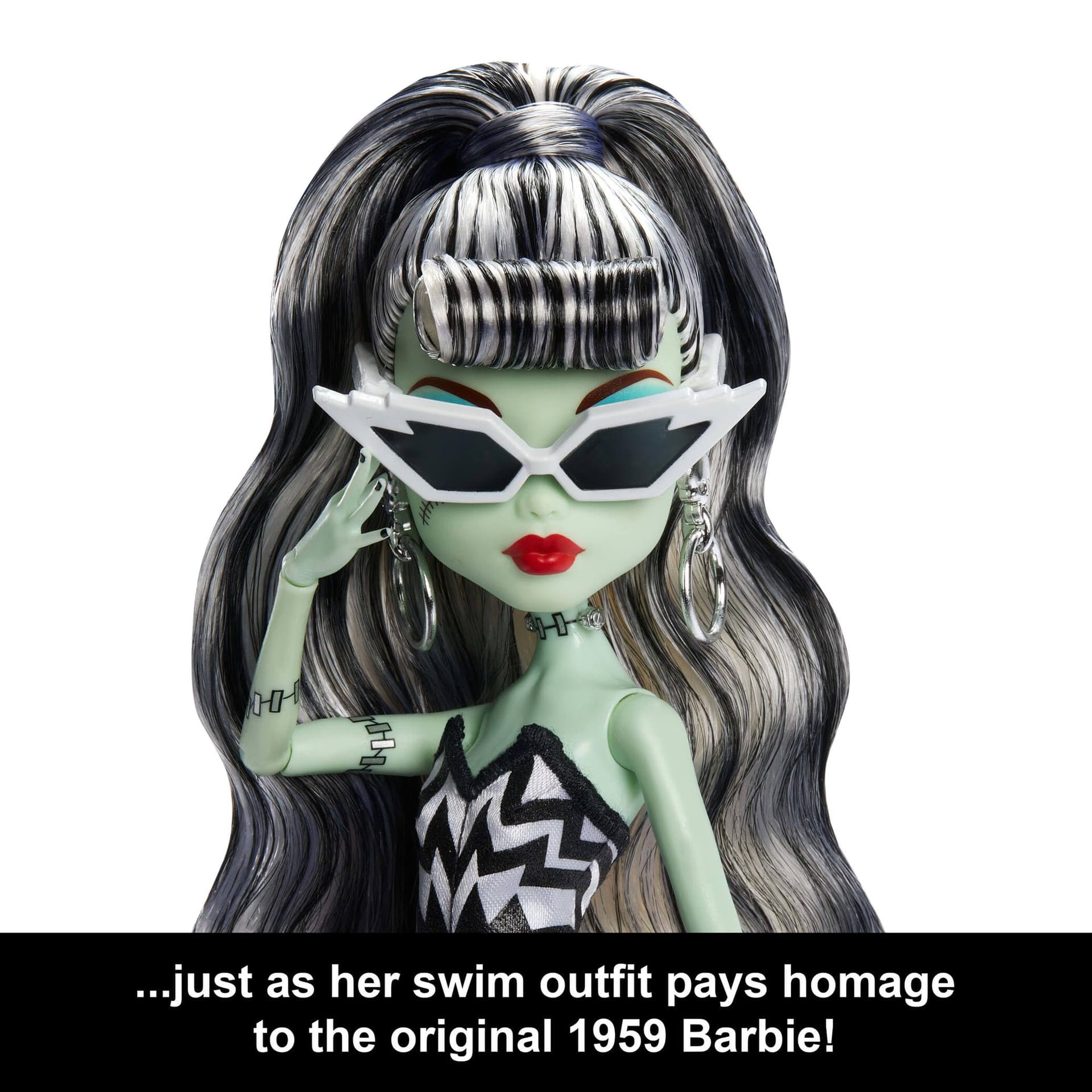 Monster High x Barbie Frankie Stein Doll with Original Barbie-Inspired Swimsuit and Solo in The Spotlight Black Evening Dress, Accessories thumbnail 5