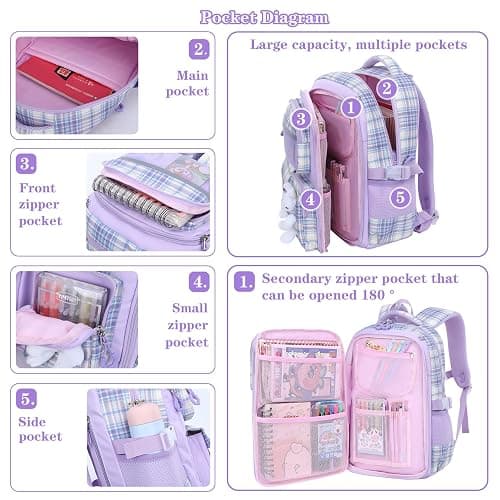 PIKBEAR Girls Backpack Set,Kid School Backpack with Lunch Bag and Pencil Case,Cute Rabbit Bookbag for Elementary (Purple-Bunny) thumbnail 4