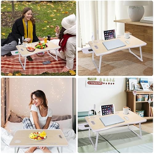 Laptop Bed Table, Laptop Desk for Bed, Foldable Laptop Bed Desk with USB Charge Port, Handle, Desktop Card Slot, Cup Slot, Side Drawer, Portable Laptop Table for Bed Eating Reading Working thumbnail 6