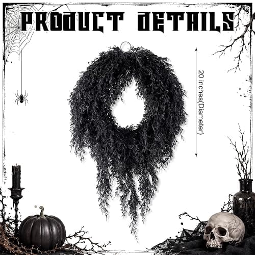 Suncalla 20" Black Halloween Artificial Wreath - Halloween Cedar Wreath Spooky Party Decorations for Front Door Indoor Outdoor Wall Window Porch thumbnail 2