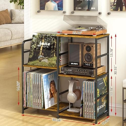 ThreeHio Record Player Stand, Turntable Stand with Vinyl Storage Holds up to 300+ Albums, Storage Cabinet for Vinyl Records, Record Player Table for Living Room thumbnail 2