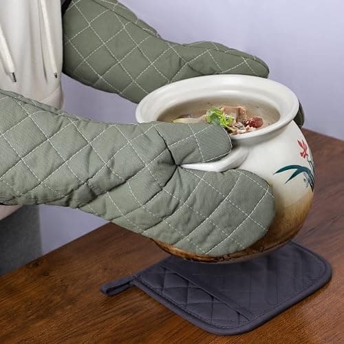 ARCLIBER Oven Mitts Heat Fire Resistant Oven Mitts 425 ° F, Quilted Terry Cloth Cotton Soft Lining Oven Gloves, Extra Long Kitchen Mittens for Cooking Baking thumbnail 2