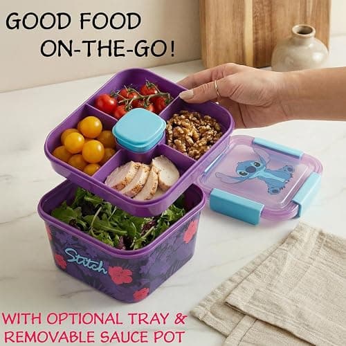Disney Stitch Salad Container Bento Box for Kids, 70 Oz Portable Lunch Box, Leak Proof, BPA Free Multi Compartment Salad Bowl with Dressing Pot, Food Storage, Gifts For Girls (Multi Stitch) thumbnail 5