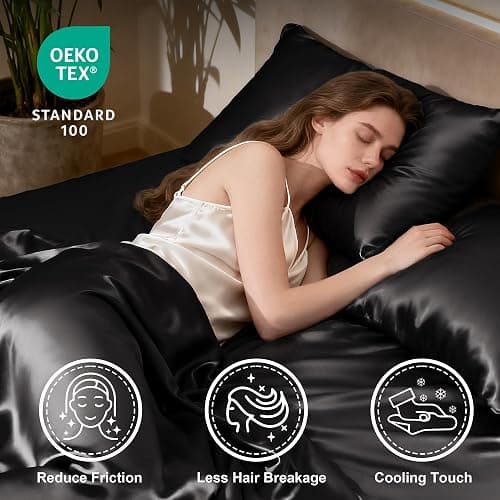Love's cabin Satin Full Sheets Set, 4 Pieces, Black, 15" Deep Pocket | Luxury Silky Touch Bedding Set: Fitted Sheet, Flat Sheet & Pillowcases, Soft Smooth Silk Feel, All-Around Elastic Snug Fit thumbnail 3