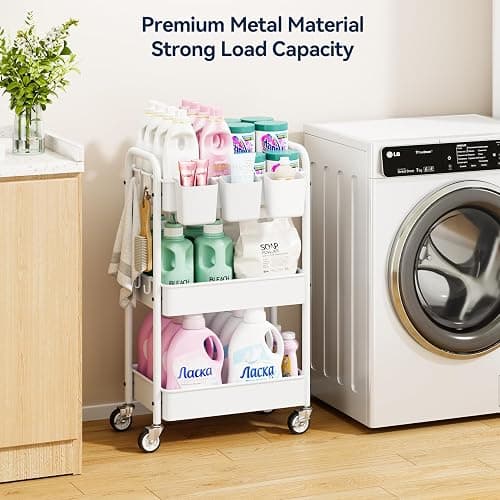 YASONIC Metal 3 Tier Rolling Cart - Heavy Duty Utility Cart with Lockable Wheels, Hanging Cups, Hooks, Mesh Rolling Storage Cart Craft Cart Organizer, Lightweight and Sturdy, White thumbnail 5
