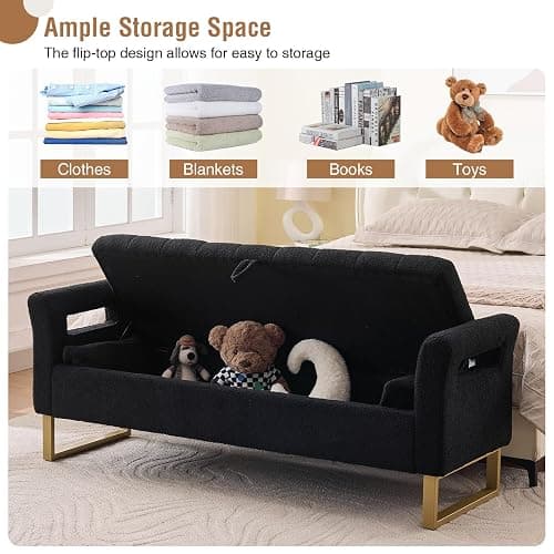 66" Storage Bench for Bedroom Upholstered End of Bed Bench King Size Black | Long Bedroom Benches for Foot of Bed King,Teddy Storage Bed Bench with Gold Legs,2 Pillows for Entryway Windows Cloakroom thumbnail 3