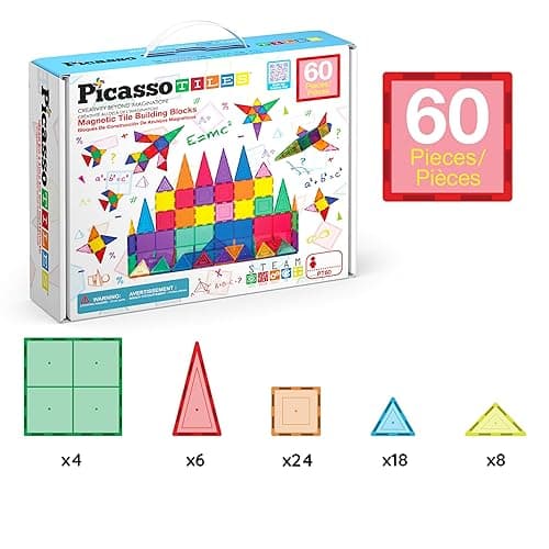 PicassoTiles Magnetic Tiles 60pcs Kids Toys Classroom Sensory Toy for Toddlers STEM Learning Building Blocks, Montessori Pretend Play Magnet Tile Construction Stacking Block Boys Girls Ages 3+ PT60 thumbnail 8