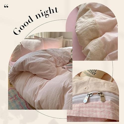 VM VOUGEMARKET Pink Full Duvet Cover Set 3 Pieces Lace Bedding Set Simple Cozy Plaid Checkered Comforter Cover with Zipper Ties for Teen Girls thumbnail 4