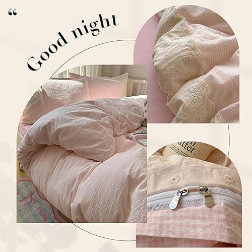 VM VOUGEMARKET Pink Duvet Cover with White Lace Twin Kids Pink Plaid Gingham Duvet Cover Set for Girl's College Dorm Soft Lightweight Cozy Bedding Set thumbnail 4