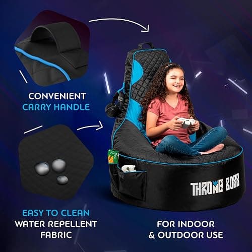 Throne Boss Gaming Bean Bag Chair for Kids with High Back – Floor Gaming Chair, Easy to Clean Oxford 420D Fabric, Large Side Pockets, Headphone Hanger – Cover ONLY Add 200 Liters Beans (Blue) thumbnail 8