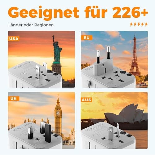 TESSAN Reiseadapter Weltweit, Universal Reisestecker mit 3 USB, 1 USB C und 1AC Steckdose, Internationaler Steckdosenadapter, Universaladapter für Deutschland USA England Thailand Italien Australien - 3 USB A und 1 USB C-Grau-Weiß thumbnail 3