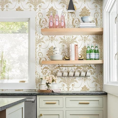 EchoSphere 17.3" X 118" Damask Floral Peel and Stick Wallpaper Boho Gold Flower Contact Paper Gold and White Damascus Wallpaper Removable Self Adhesive Decorative Wall Paper for Bedroom Vinyl Roll thumbnail 4