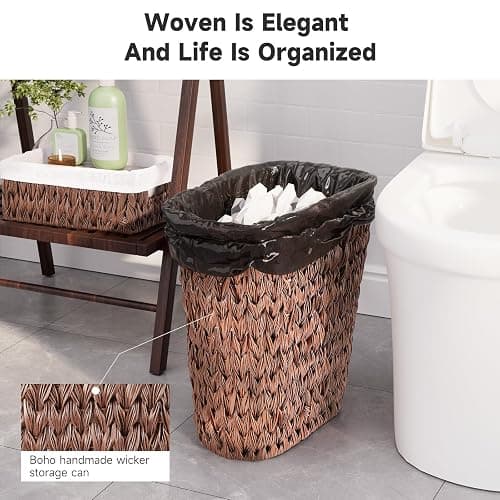XLHOMO Bathroom Trash Can with Wicker Storage Baskets,12 Liter/3.2Gallon Small Trash Can Handwoven Waste Basket Narrow Small Garbage Can for Bedroom, Bathroom,Office thumbnail 3