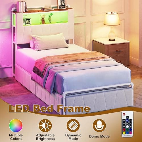 KSOBEBVT Twin Bed Frame with Storage Drawers, Upholstered Headboard with Charging Station & LED Lights, Metal Platform Bed Frame Twin Size, Noise Free, No Box Spring Needed, Easy Assembly, Beige thumbnail 5
