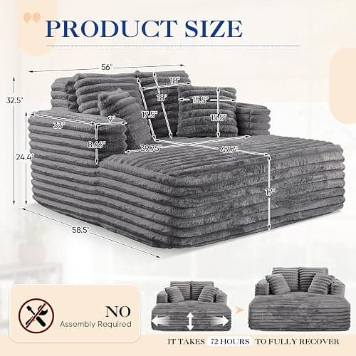 Oversized Chaise Lounge Indoor, Modern Plush Faux Fur Fabric Deep Seat Boneless Memory Foam Sleeper Chaise Lounge Sofa Chair with Pillows for Living Room Bedroom Studio, No Assembly Couch, Grey thumbnail 2