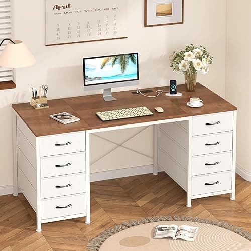 YOMILUVE 50 Inch Computer Desk with 8 Drawers, Home Office Desk with Power Outlets, Work Study Gaming Desk with 8 Fabric Drawers, Brown and White - Image 1