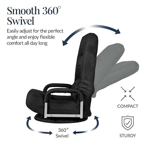 Best Choice Products Swivel Gaming Chair 360 Degree Multipurpose Floor Chair Rocker for TV, Reading, Playing Video Games w/Lumbar Support, Armrest Handles, Adjustable Foldable Backrest - Black/Black thumbnail 6