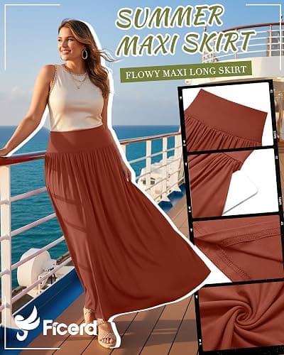 Ficerd 3 Pack Plus Size Maxi Skirts for Curvy Women Pockets Casual 2026 Boho Summer Flowy Long Skirt a Line High Waist Dress thumbnail 5