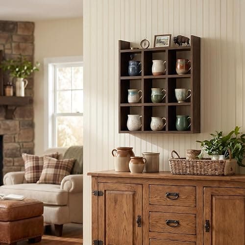 NiHome Mug Holder, Coffee Cup Rack, 9 Cups Wood Wall Mount Display Stand | Burnt Pine Wood, Rustic Hanger For Kitchen, Bar, Office. Easy Assembly With Hardware & Silicone Pads For Tabletop Use thumbnail 2