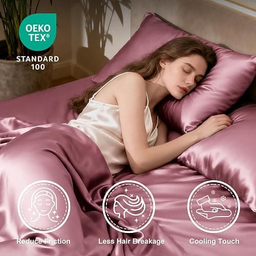 Love's cabin Satin Queen Sheets Set, 4 Pieces, Rose Taupe, 15" Deep Pocket | Luxury Silky Touch Bedding Set: Fitted Sheet, Flat Sheet & Pillowcases, Soft Smooth Silk Feel, All-Around Elastic Snug Fit thumbnail 3