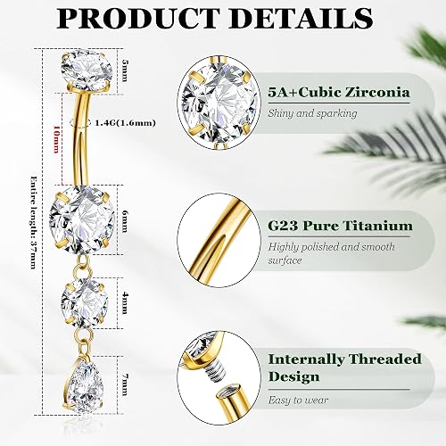 REVOLIA 14G G23 Pure Titanium Dangle Belly Button Ring for Women Teardrop Navel Ring Dangling CZ Belly Ring Internally Threaded Belly Button Piercing Jewelry 10MM thumbnail 3
