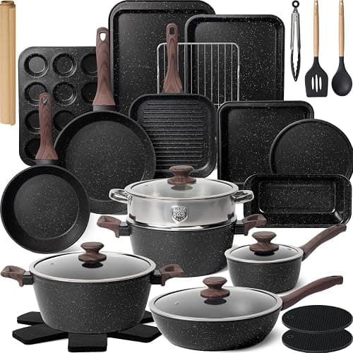 Kikcoin Pots and Pans Set Non Stick 31 Piece Kitchen Nonstick Cooking Cookware Sets with Grill Pan Saucepan Baking Sheet Utensil - Black - 31 Pieces - Image 1