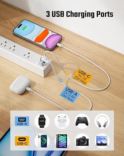 10Ft Extension Cord with Multiple Outlets, SUPERDANNY Flat Plug Surge Protector Power Strip 10 Ft Long Cord, 6 Outlets & 3 USB Ports, Charging Station for Home Office, College Dorm Room Essentials thumbnail 5