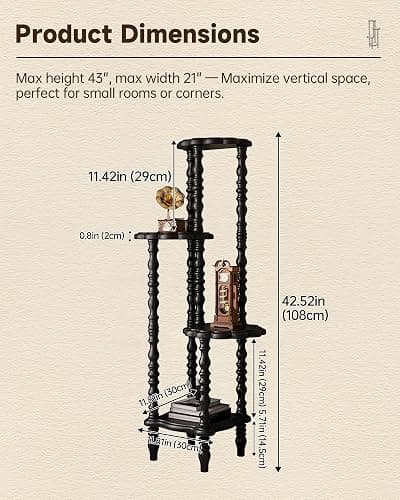 NKGIAG Vintage Corner Shelf 4-Tier, Solid Wood Display Shelf Mid Century, Unique Handcrafted Antique Display Rack, Freestanding Corner Bookshelf with Spindle Legs for Living Room Bedroom, Black thumbnail 2