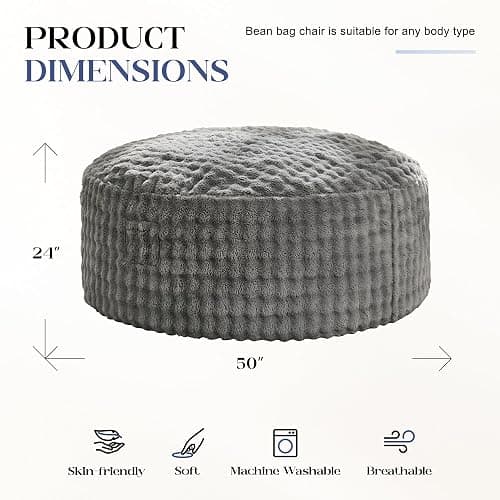 Hobestluk Bean Bag Chairs 5ft Beanbag Chair with Filler Adult Bean Bags with Fluffy & Machine Washable Cover, Giant Bean Bag Chairs for Adults (Grey, 5FT-50" x 50" x 24") thumbnail 2