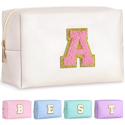 TOPEAST Christmas Gifts for Women Teen Girls - Stocking Stuffers for Teen Girls Gifts Trendy Stuff, Travel Makeup Bag, Initial Cosmetic Bag Toiletry Pouch (White A) - Image 1