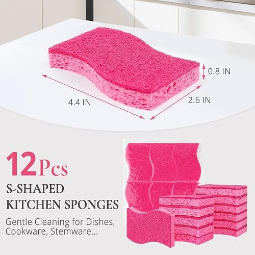 12 Pack Non-Scratch Kitchen Sponges, S-Shaped Pink Dish Sponges for Kitchen | Biodegradable Cellulose & Non-Scratch Scrubber, Household Gentle Cleaning Sponges for Pots Pans Stemware Porcelain Bathroom thumbnail 3