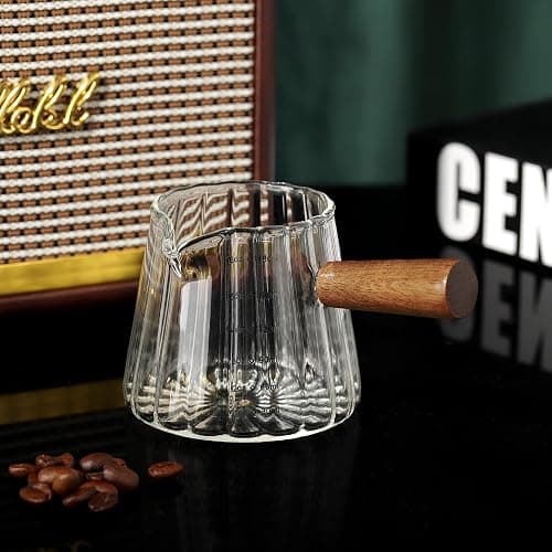 Joeyan 6 oz Glass Measuring Cups with Spout,Borosilicate Glass Triple Pitcher with Scale,Origami Style Espresso Shot Glasses with Wood Handle for Coffee Milk,Dishwasher Safe thumbnail 5