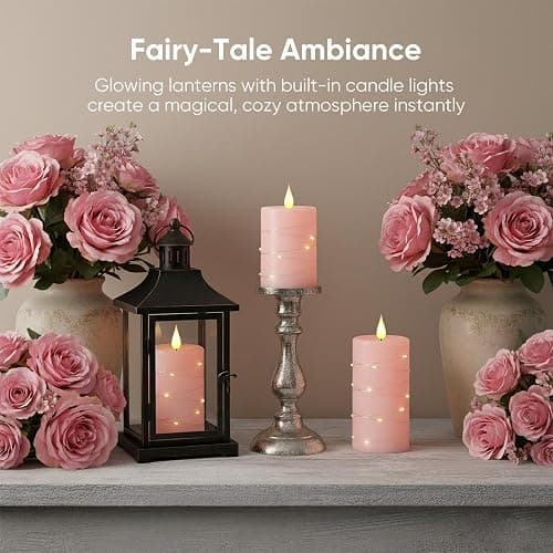 Amagic 3"×4" 5" 6" Flameless Candles with String Lights, Pink 11-Key Remote & Timer Battery Operated Flickering Led Pillar Candles Real Wax for Home, Lantern, Halloween and Christmas Decor, Set of 3 thumbnail 6