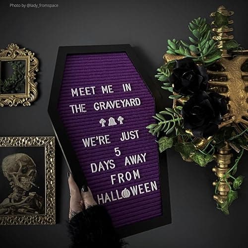 Nomnu Coffin Letter Board, Purple Goth Decor w/Bat Stickers, Spooky Emojis | Wood and Felt board 17x10.5 inches +650 characters 80+ spooky seasonal emojis, sawtooth hanger. Tabletop Stand thumbnail 2