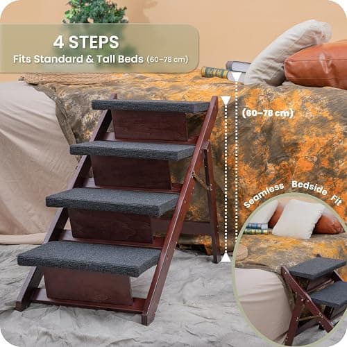 MEWANG Wooden Pet Stairs/Pet Steps - 3-in-1 Foldable Stairs & Ramp for Beds and Cars - Portable Dog/Cat Ladder Up to 220 Pounds - Great for Small and Older Animals(Brown) (24.8" L x 17.2" W x 19.5" H) thumbnail 5