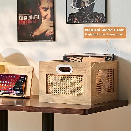 LELELINKY Vinyl Record Storage Crate, Rattan Wooden Record Crate for Vinyls, Vinyl Record Holder with Handle, Multifunctional Records Stand Holder Vinyls Organizer for 75 LPs, Natural thumbnail 8