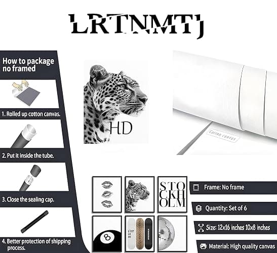 Fashion Trendy Leopard Wall Art Set of 6 Stockholm Preppy Room Painting Picture Wall Decor Black White Aesthetic Cheetah Poster Print Artwork for Girls Bedroom Dorm Apartment Home Decoration Unframed thumbnail 3