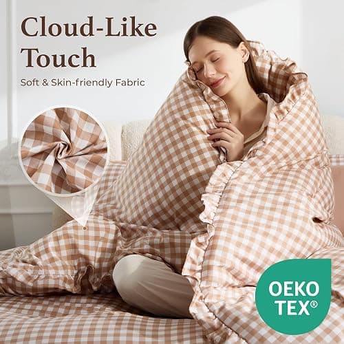 BDEUS 7 Pieces Gingham Ruffle Comforter Set Full Size, Brown Grid Tartan Bedding Set, Soft Breathable Fabric Comforter with Flat Sheet, Fitted Sheet, 2 Pillowcases & 2 Shams, 82"X86" thumbnail 4