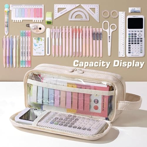 EASTHILL Large Capacity Pencil Case Cute Pencil Pouch with Handle Stationery Pen Bag for Teen Girls-Cream thumbnail 5