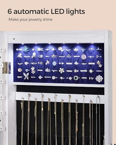SONGMICS Hanging Jewelry Cabinet, Wall-Mounted Cabinet with LED Interior Lights, Door-Mounted Jewelry Organizer, Full-Length Mirror, Gift Idea, White UJJC99WT thumbnail 6