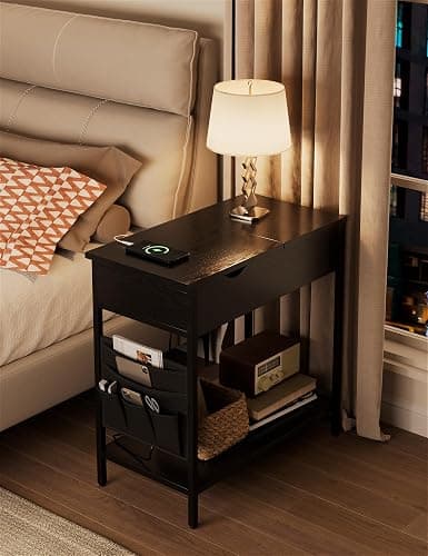 Nicehill Side Table with Charging Station, Narrow End Table with USB Ports, Outlets, Fabric Bags, Storage Shelf, Narrow Bedside Table for Small Rooms, Bedroom, Living Room, Classic Black thumbnail 2