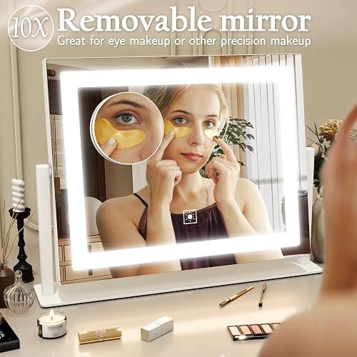 ROLOVE 16x12 Inch Vanity Mirror with Lights, Lighted Makeup Mirror with 10X Magnification, Smart Touch 3 Colors Dimmable, Dresser Mount, Bathroom (White) thumbnail 5