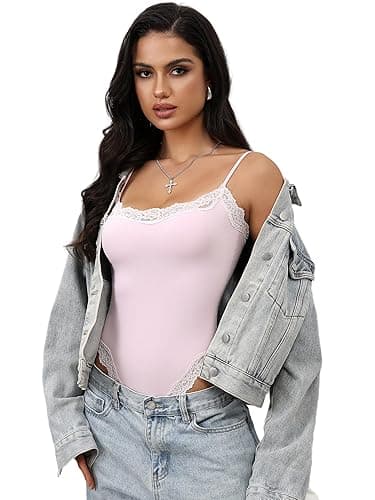 Starrylion Lace Bodysuit Square Neck Sleeveless Bodysuits Sexy Going Out Tops - Blush Pink - XS thumbnail 6