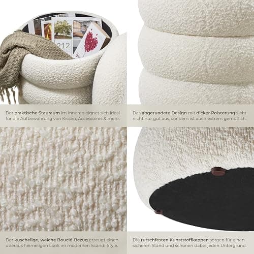 tectake® Hocker mit Stauraum, Scandi Sitzhocker Bouclé Teddy Stoff, Pouf, Polsterhocker rund für Schminktisch, Wohnzimmer Möbel, als Flur Möbel, Stauhocker Wohnen, Ø 42 x 47 cm - Bouclé Creme-weiß thumbnail 5