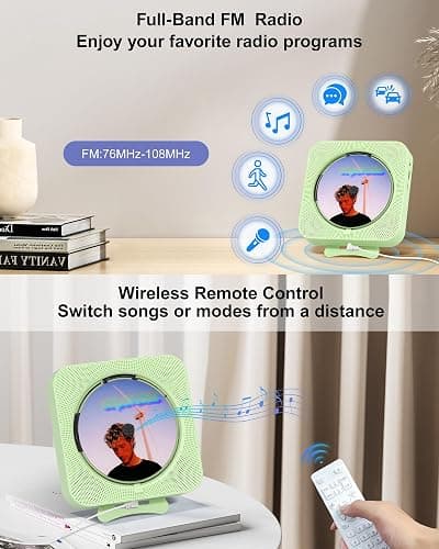 CD Player Portable Bluetooth Desktop CD Player for Home, Mini Cute CD Players for Kids, Built-in Dual Speakers and LED Display with Remote Control, Supports CD/FM Radio/USB/AUX/Timer/Repeat (Green) thumbnail 4