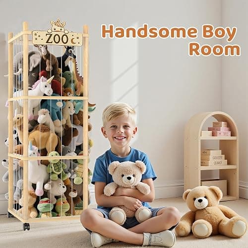 Stuffed Animal Storage Zoo Tower,56In Wooden Large Stuffed Animal Holder Organizer with Wheels,Stuffy Plushies Storage with Elastic Band&Mesh Bottom,Toy Storage Organizers for Playroom Bedroom Nursery thumbnail 6