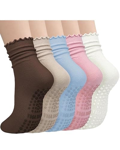 Darller 5 Pairs Pilates Socks with Grips for Women, Non Slip Cotton Ruffle Yoga Socks for Barre Workout Hospital - Image 1