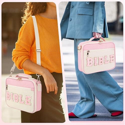 Bible Cover Case for Women Grils, Preppy Bible Bag with Adjustable Shoulder Strap, Waterproof Bible Carrying Tote Bags Holder for Bible Study Supplies Accessories & Christian Gifts (Light Pink) thumbnail 3