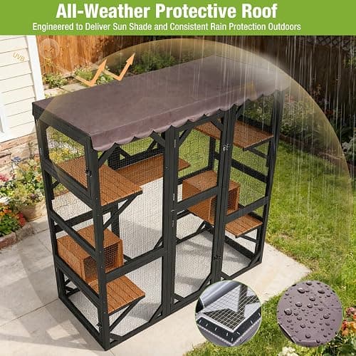 GUTINNEEN 71" Large Wooden Catio Outdoor Cat Enclosure with Scratching Posts, Walk-in Cat House with 6 Platforms & 2 Resting Boxes, Window Access, Weatherproof Roof for 2-6 Cats-Black thumbnail 3